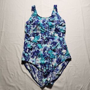 L.L. Bean Womens 20W UPF 50+ Floral One Piece Swimsuit Blue
